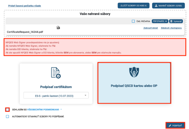 NFQES podpisovanie OP alebo QSCD kartou